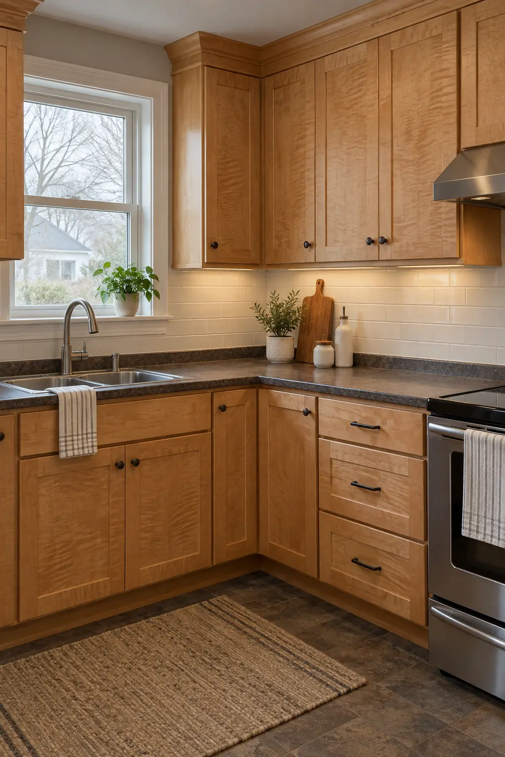 Existing wood kitchen cabinets with a simplified light backsplash and uncluttered counters
