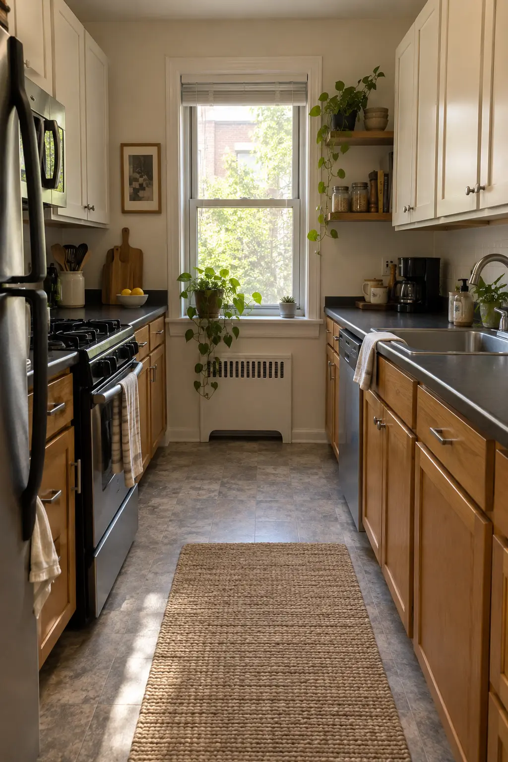 Small kitchen with warm wood lower cabinets and light painted upper cabinets
