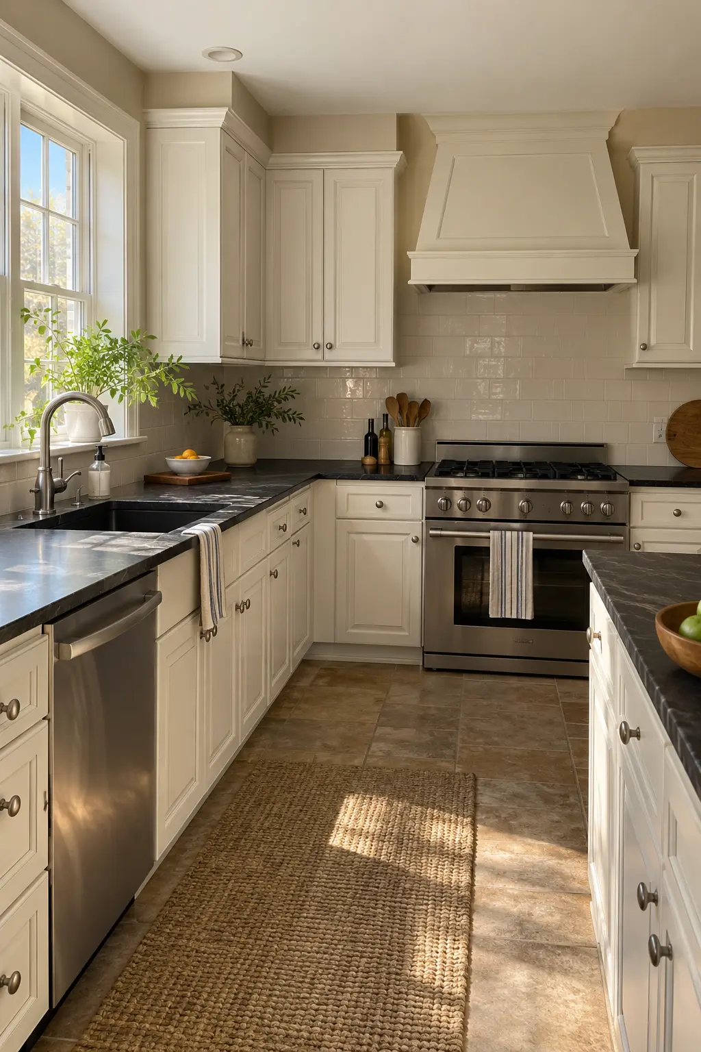 Traditional raised-panel kitchen cabinets painted a soft warm white