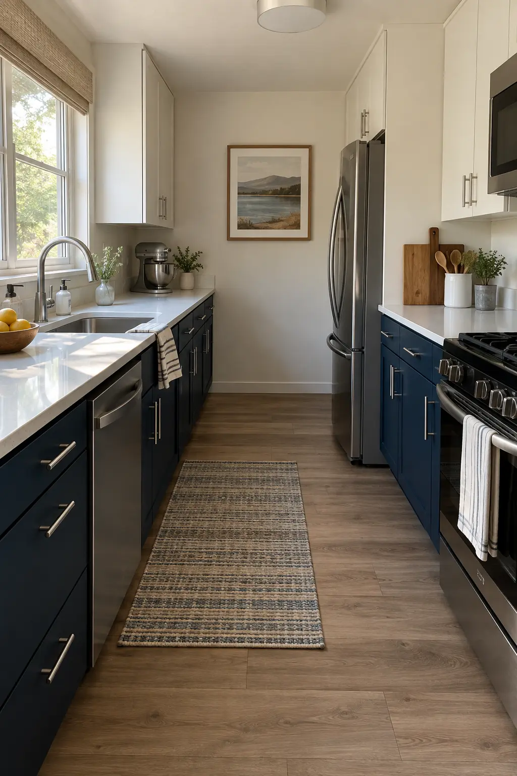 Compact galley kitchen with deep blue lower cabinets and warm white upper cabinets