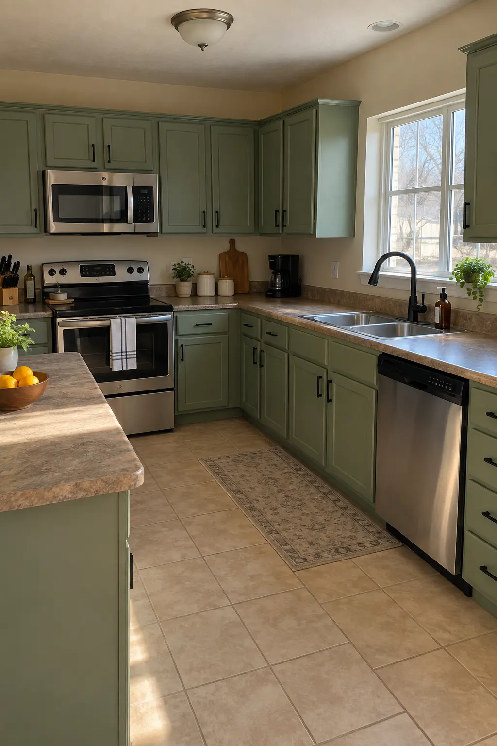 Builder-grade kitchen cabinets painted muted sage green with simple black hardware