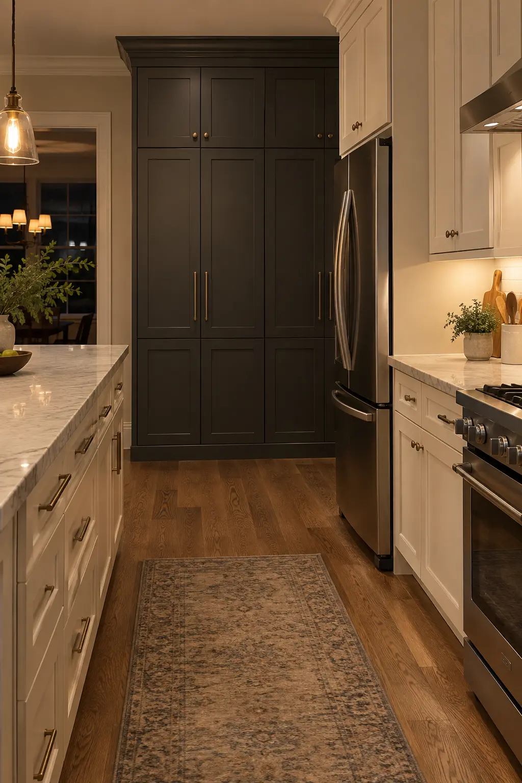 Kitchen pantry cabinet wall painted deep charcoal while surrounding cabinets stay light