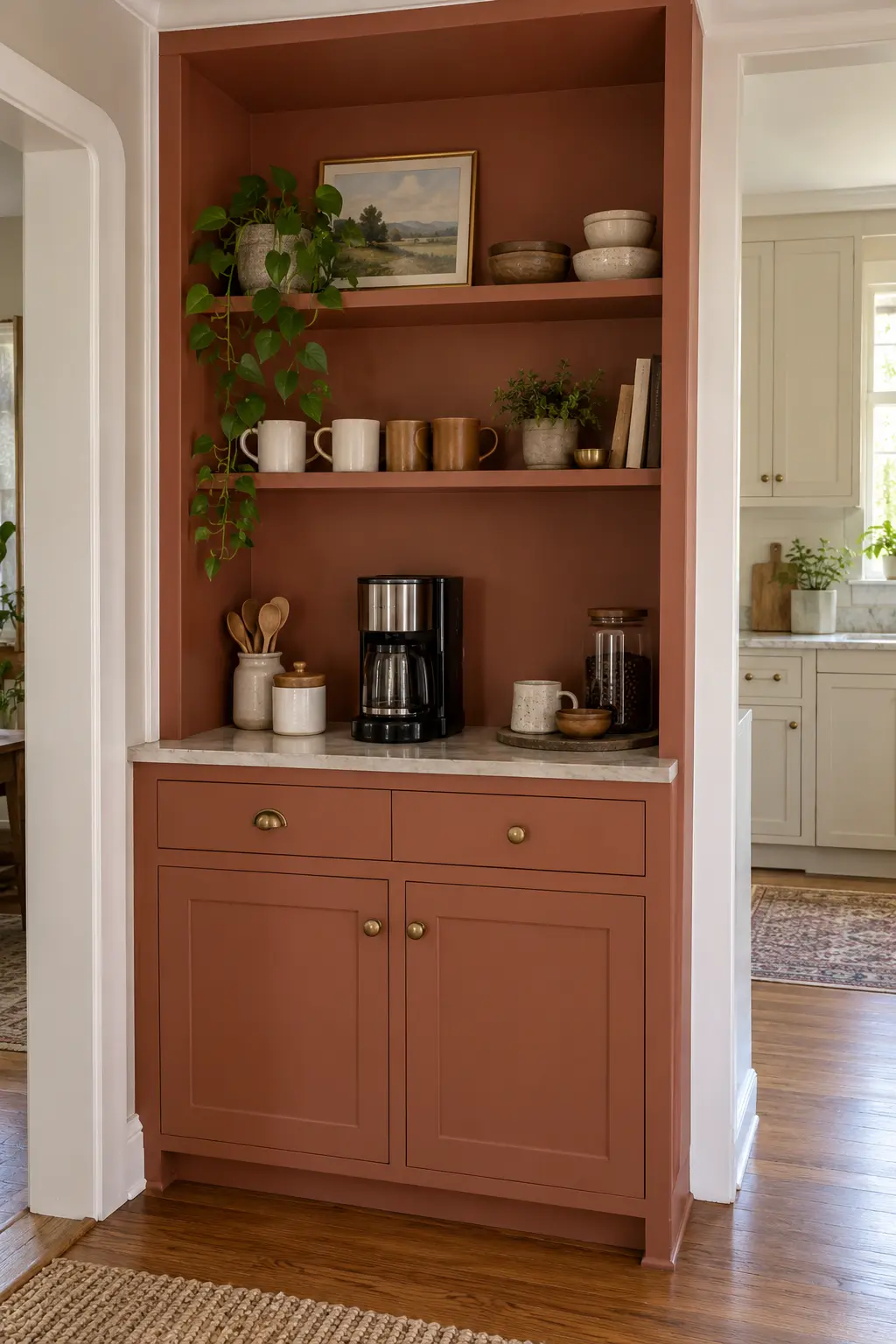 Small kitchen cabinet nook painted one cohesive terracotta color across cabinets and wall