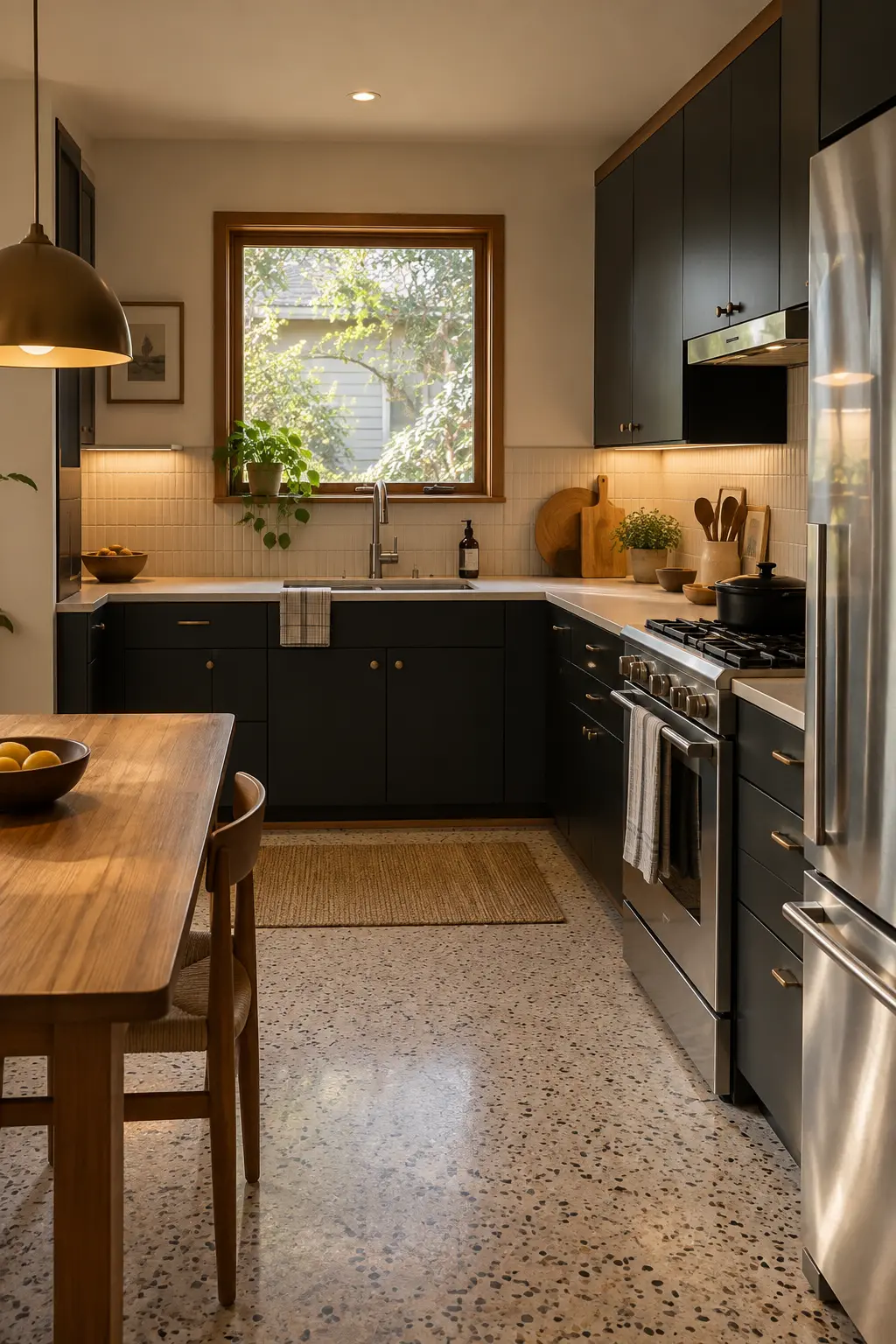 Midcentury kitchen with simple slab cabinets painted soft black and wood accents