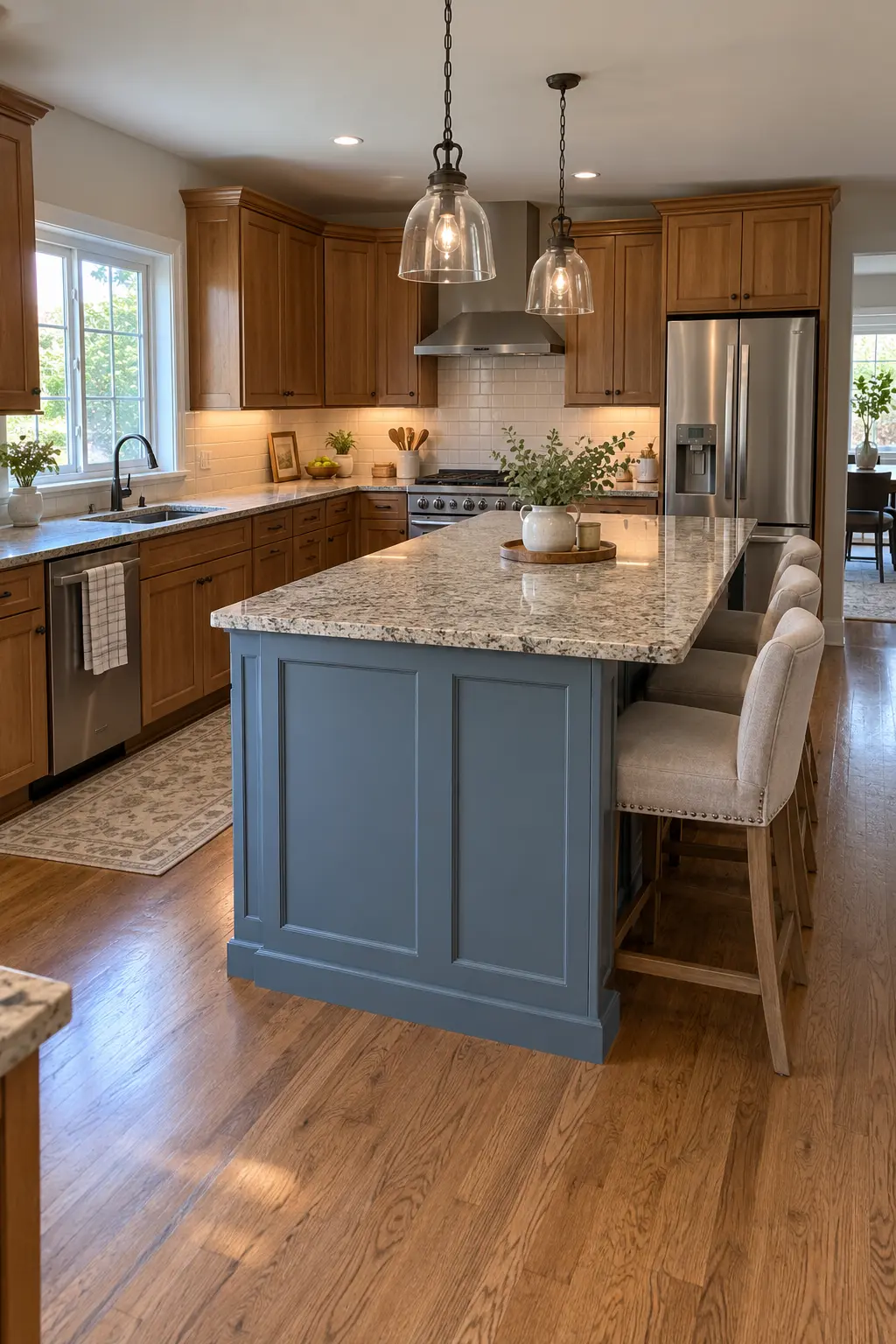 Kitchen island painted dusty blue while perimeter cabinets remain natural wood