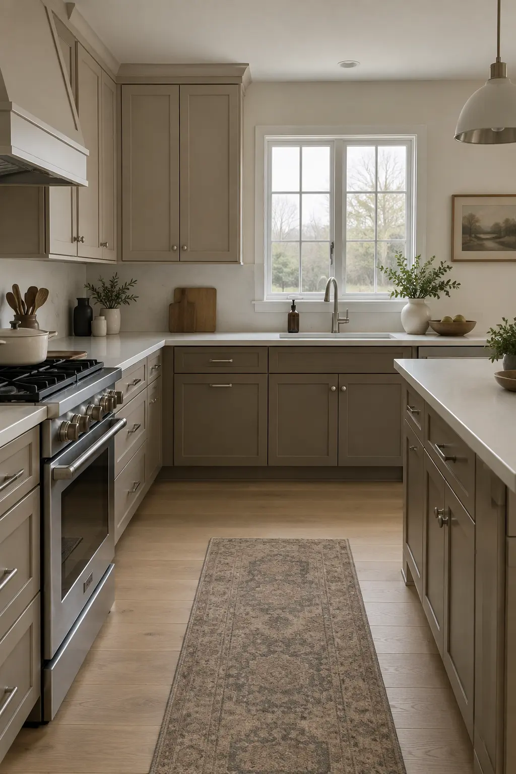 Kitchen cabinets in two related taupe tones with darker base cabinets and lighter uppers
