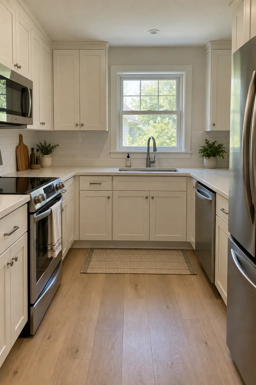 Existing cabinet boxes refaced with slim Shaker doors in a warm off-white kitchen