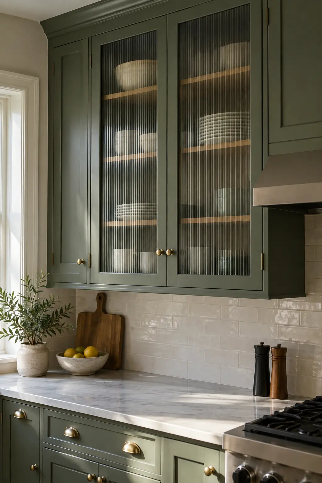 Upper kitchen cabinets with ribbed glass doors that softly obscure stored dishes