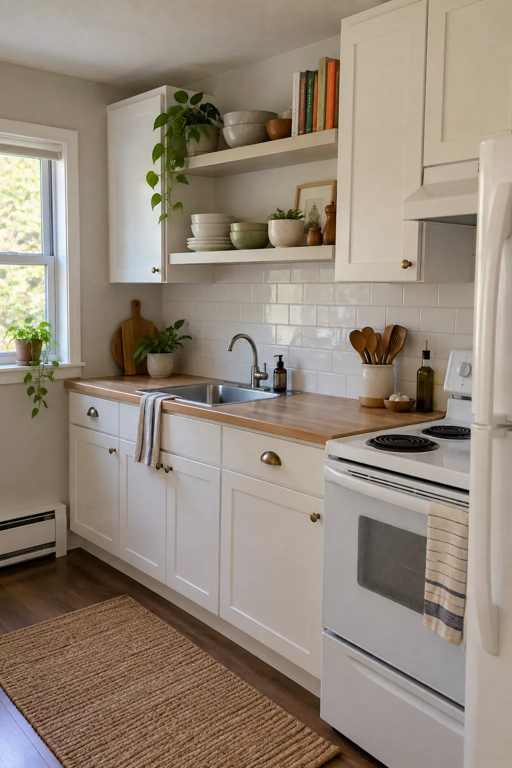 One upper kitchen cabinet converted to open shelves beside closed painted cabinets