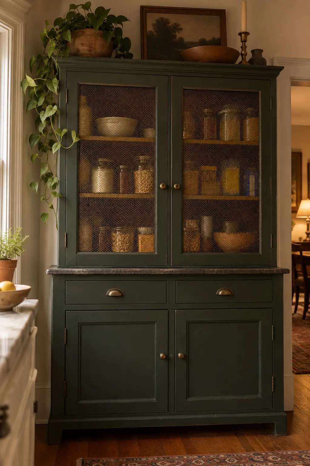 Traditional kitchen cabinet doors updated with fine brass mesh inserts