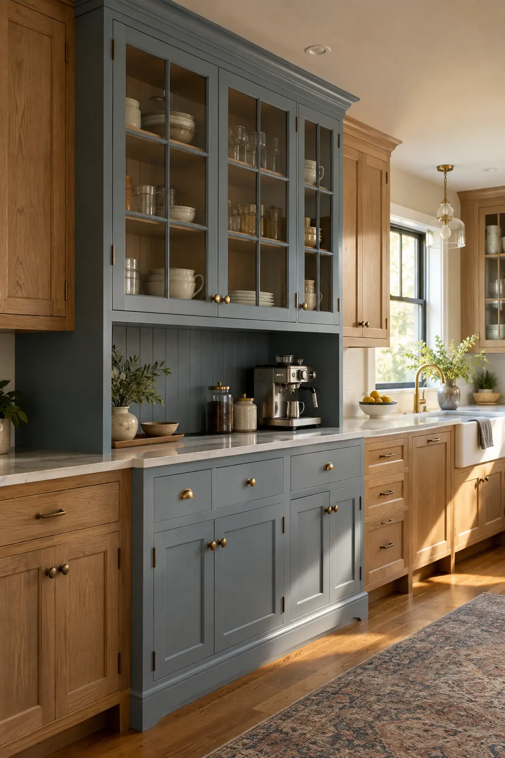 Kitchen cabinet run updated with a contrasting hutch-style section and glass upper doors