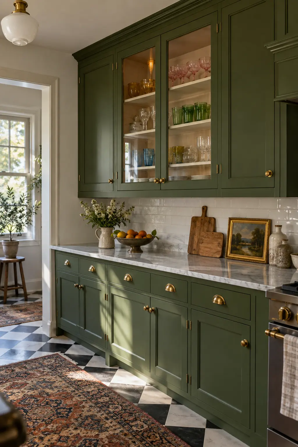 Two upper kitchen cabinet doors converted to clear glass display doors in an eclectic kitchen