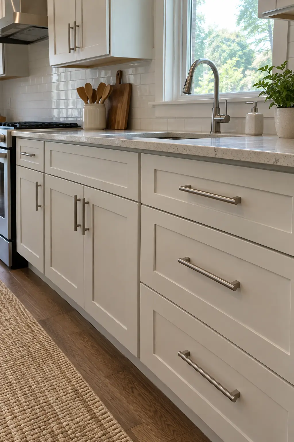 Updated kitchen cabinets with well-scaled brushed nickel pulls aligned to existing holes