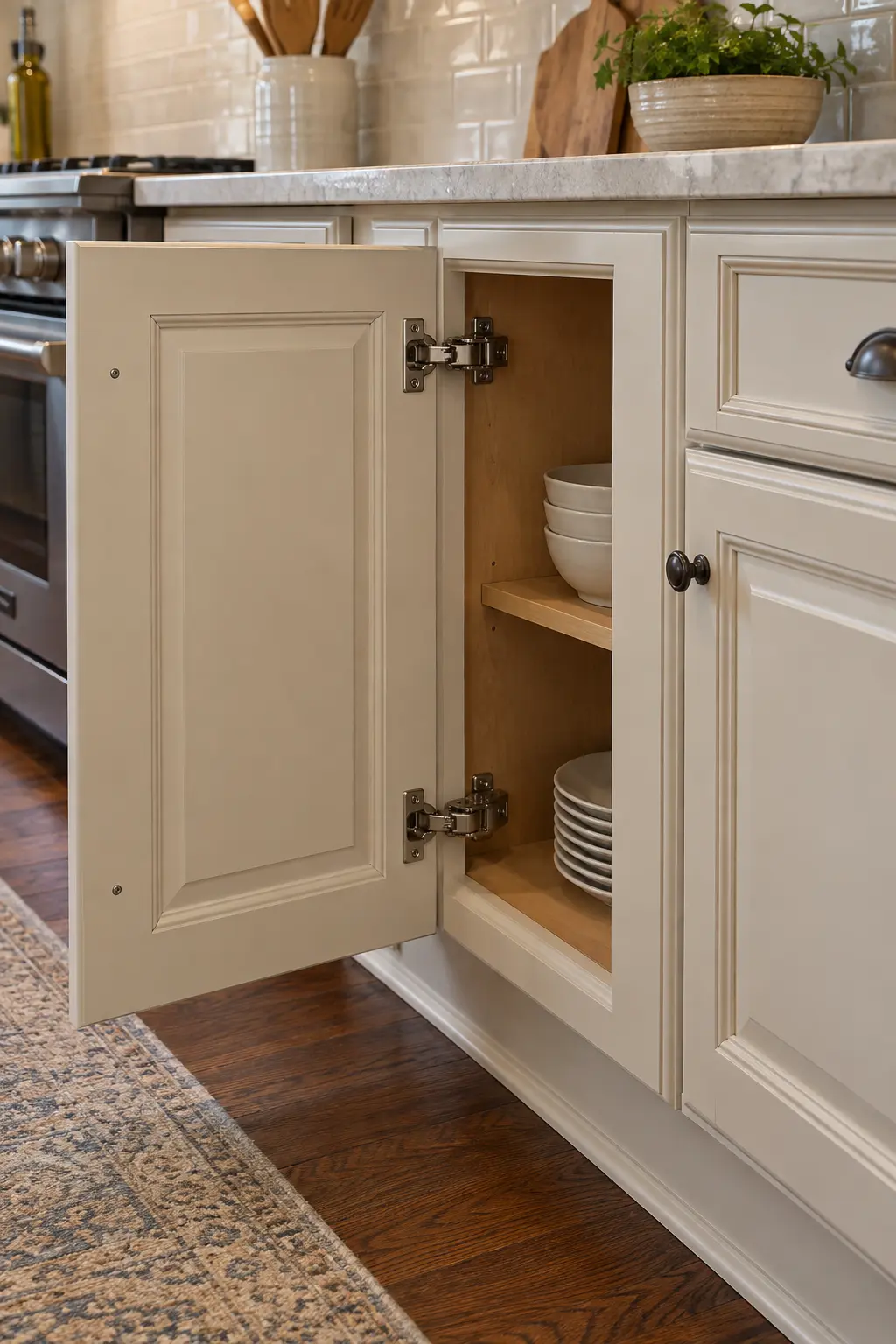 Traditional cabinet doors updated with concealed hinges and aligned reveals