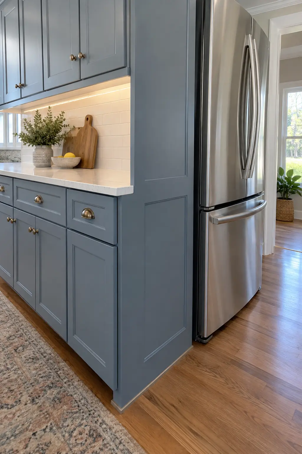 Kitchen cabinet makeover with finished furniture-style end panels on exposed cabinet sides