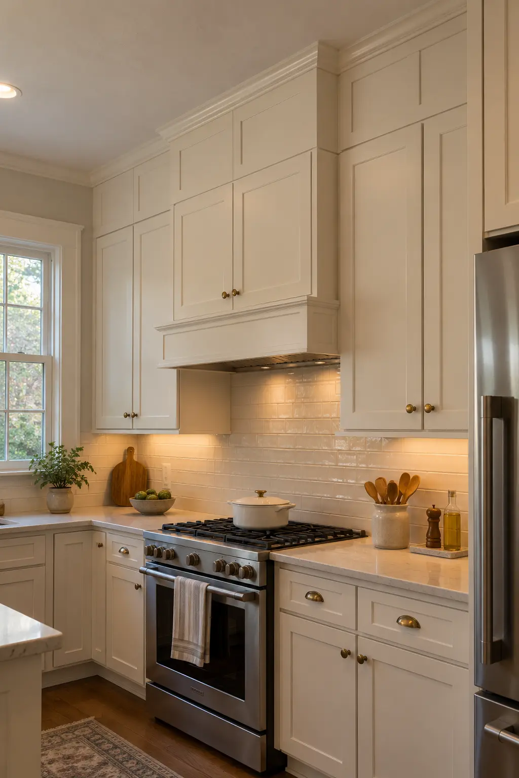 Standard upper cabinets extended to the ceiling with simple trim and painted filler panels