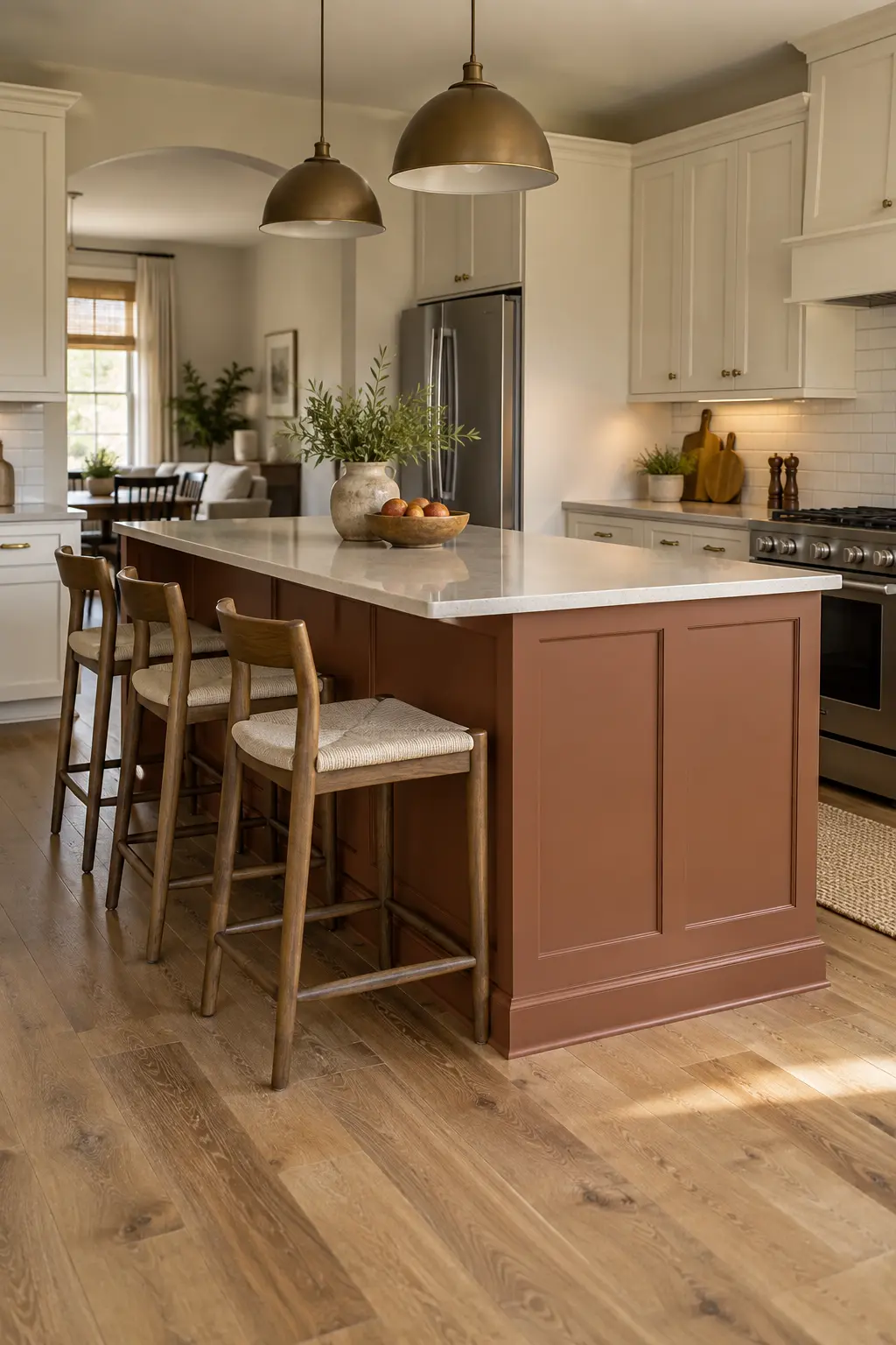 Plain kitchen island upgraded with restrained applied panels and a durable painted finish