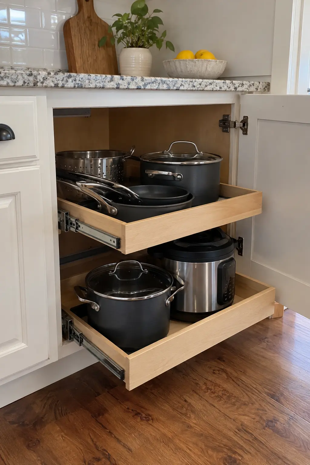 Deep base kitchen cabinet fitted with practical pull-out shelves for cookware