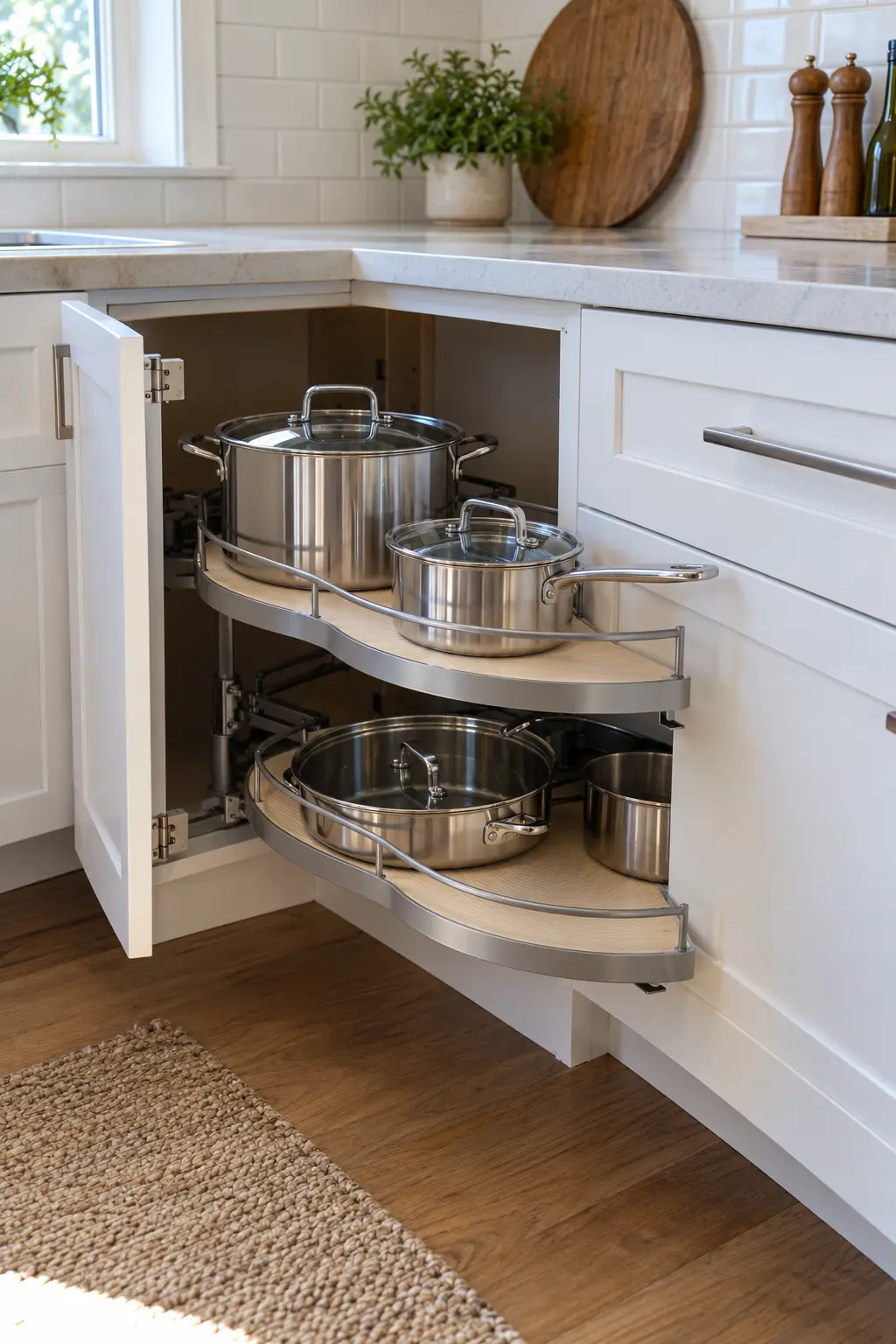 Corner kitchen cabinet upgraded with a swing-out organizer in a modest family kitchen