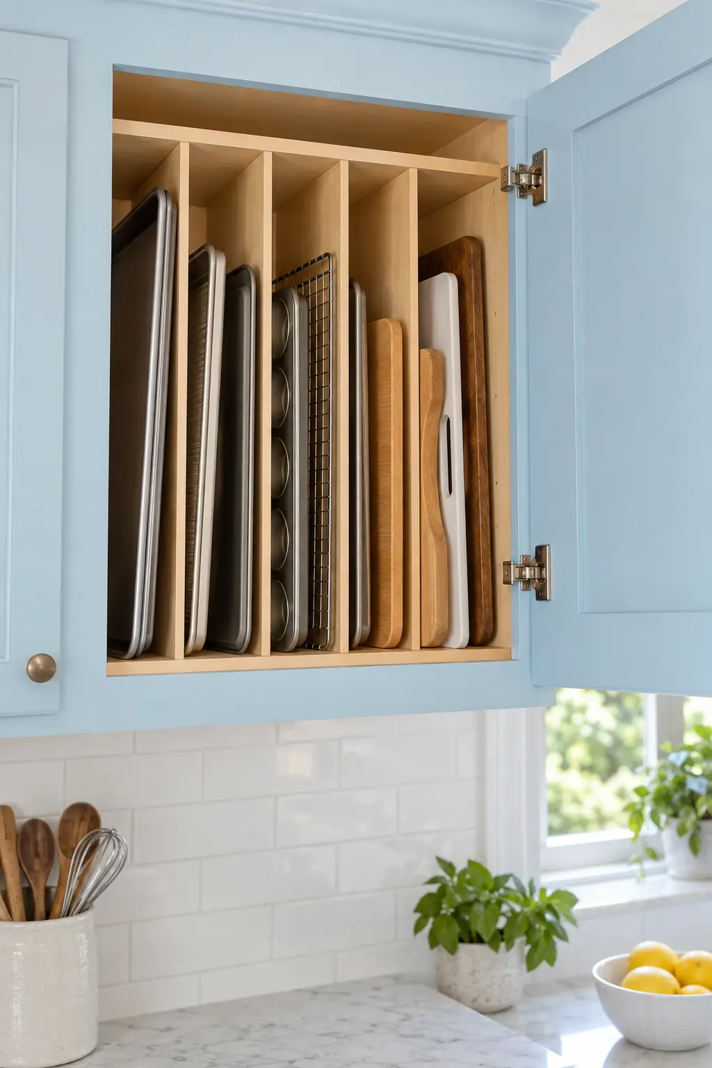 Upper kitchen cabinet organized with vertical dividers for sheet pans and cutting boards