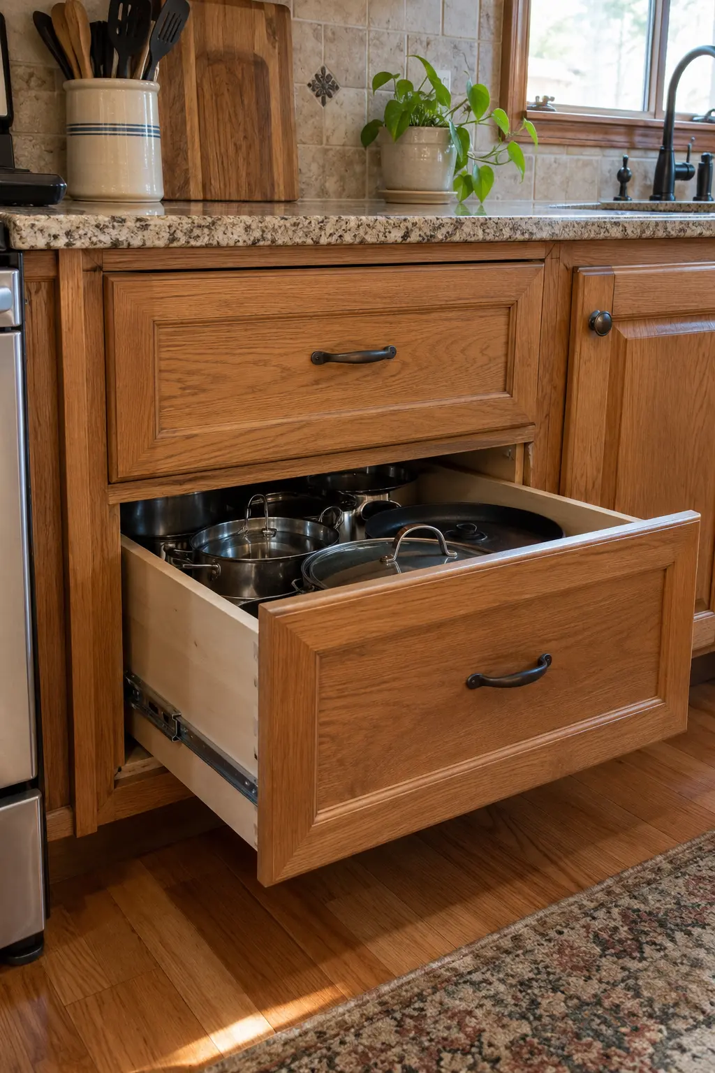 Lower kitchen cabinet converted to deep drawers for dishes and cookware