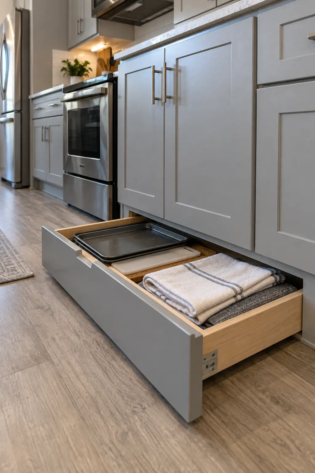 Kitchen toe-kick drawer opened to store flat trays and linens beneath base cabinets
