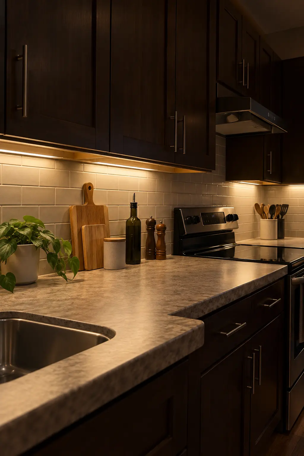 Realistic kitchen with even under-cabinet task lighting illuminating the countertop