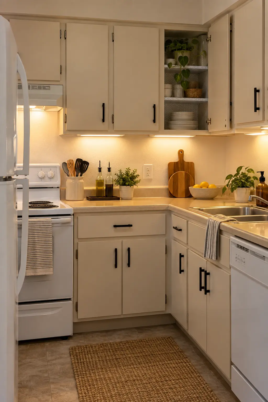 Rental kitchen refreshed with removable cabinet hardware, liner, and plug-in lighting