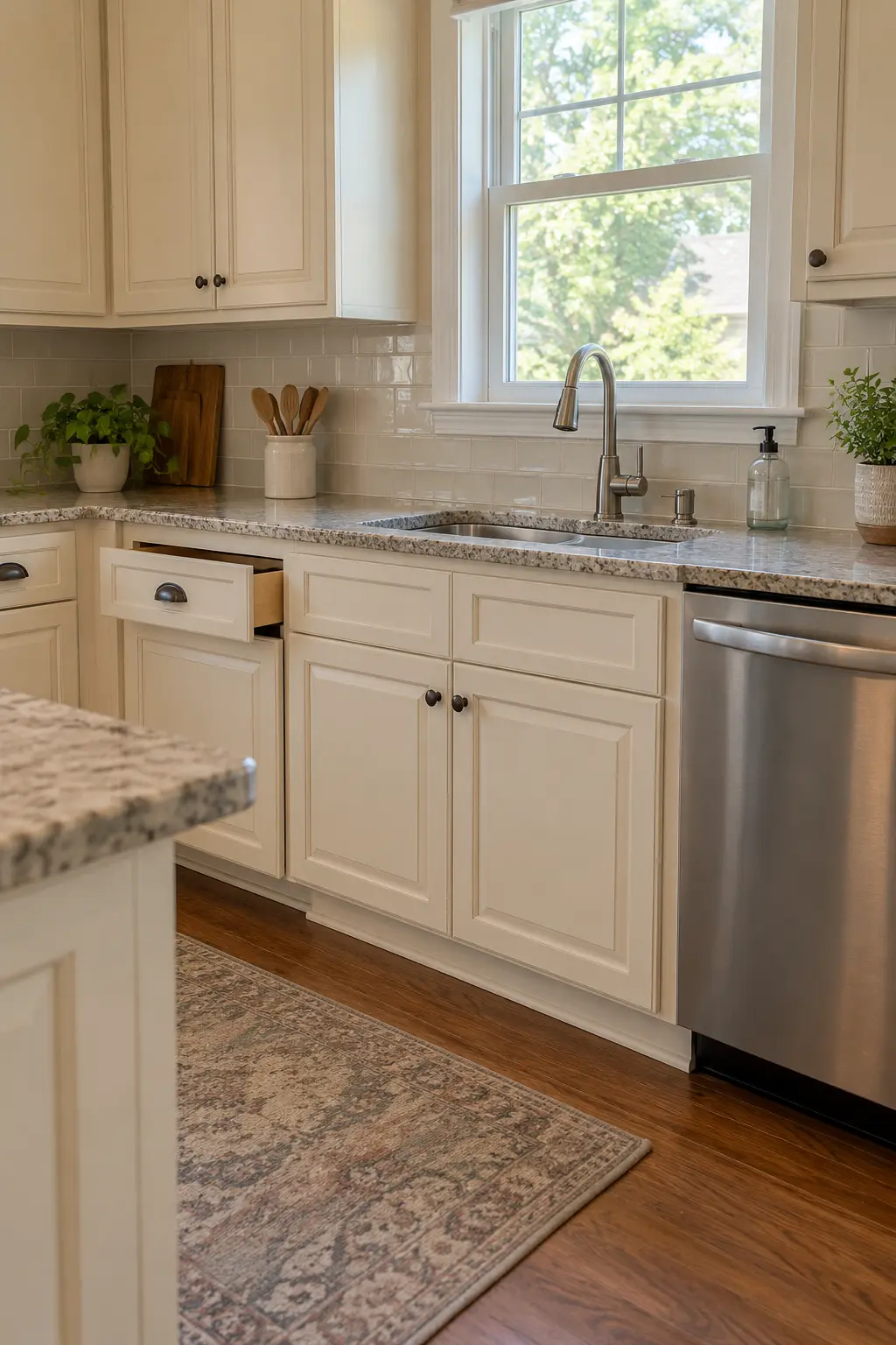 Kitchen sink base cabinet selectively replaced and matched to retained surrounding cabinets