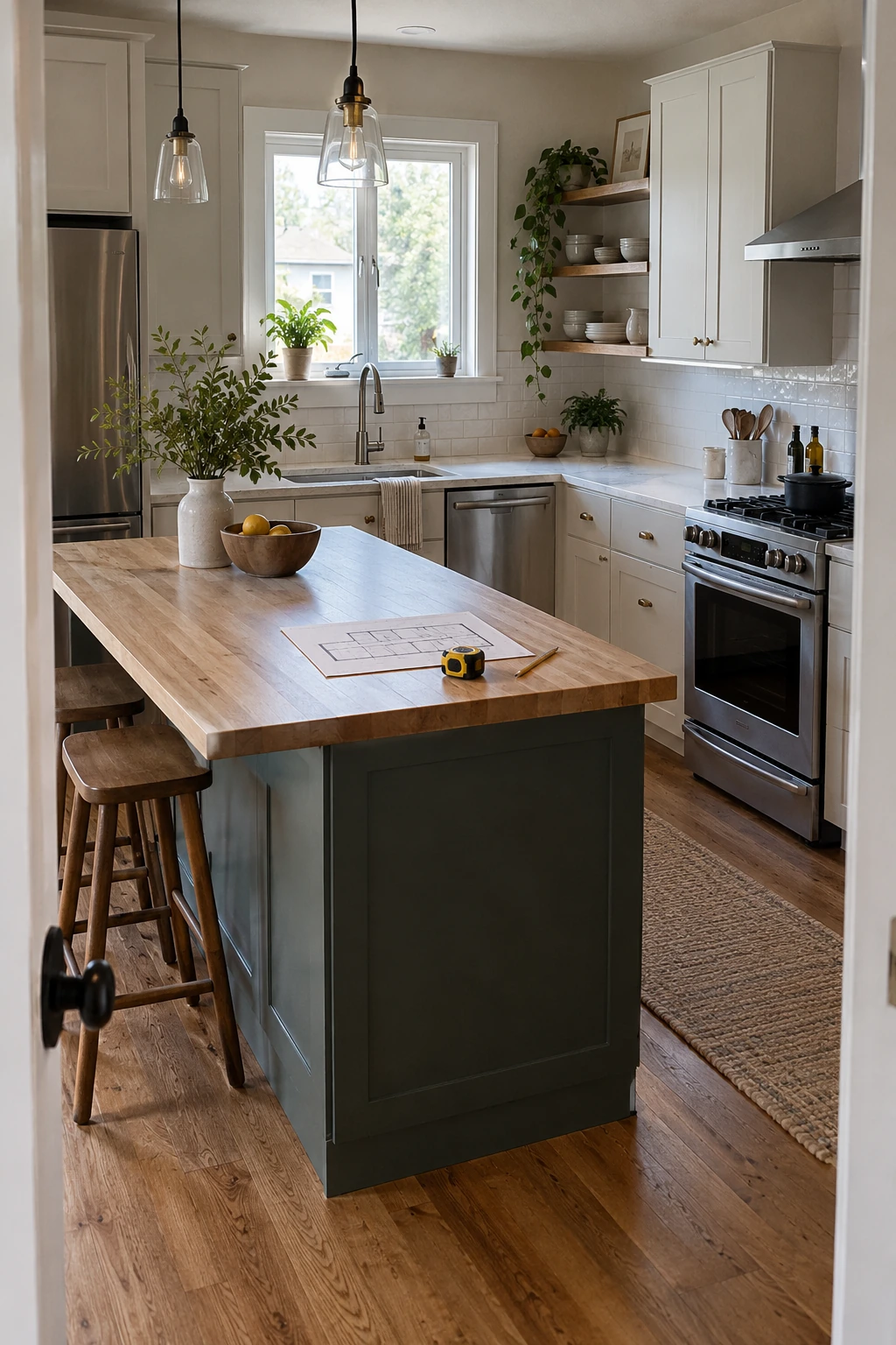 Budget kitchen plan with measured cabinet and appliance dimensions