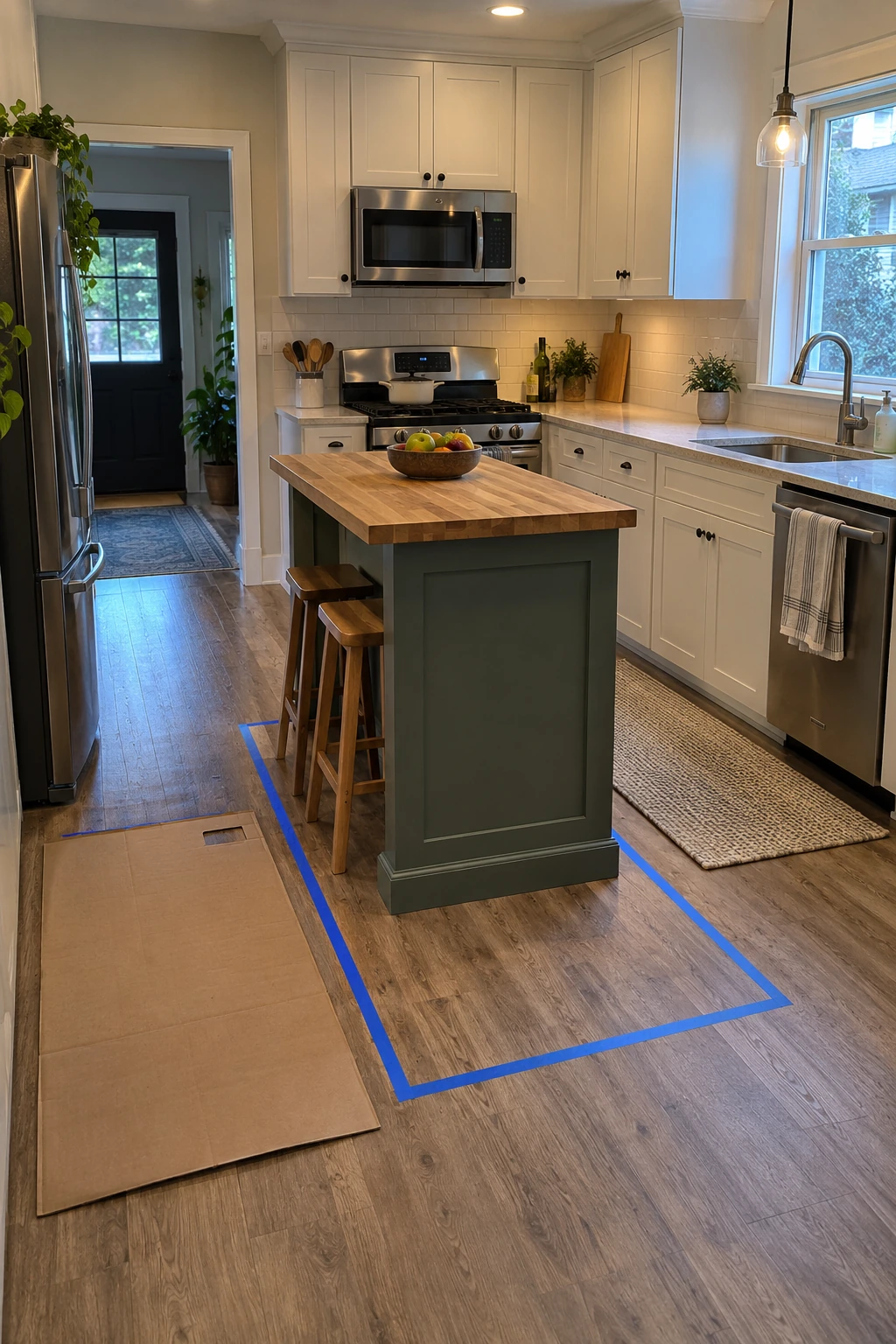 Kitchen remodel layout tested with a full-size mockup