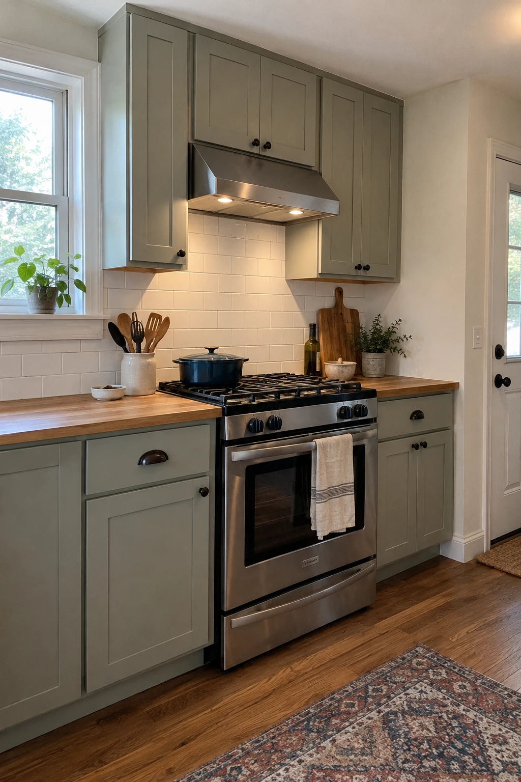 Budget kitchen with range retained below an exterior vented hood