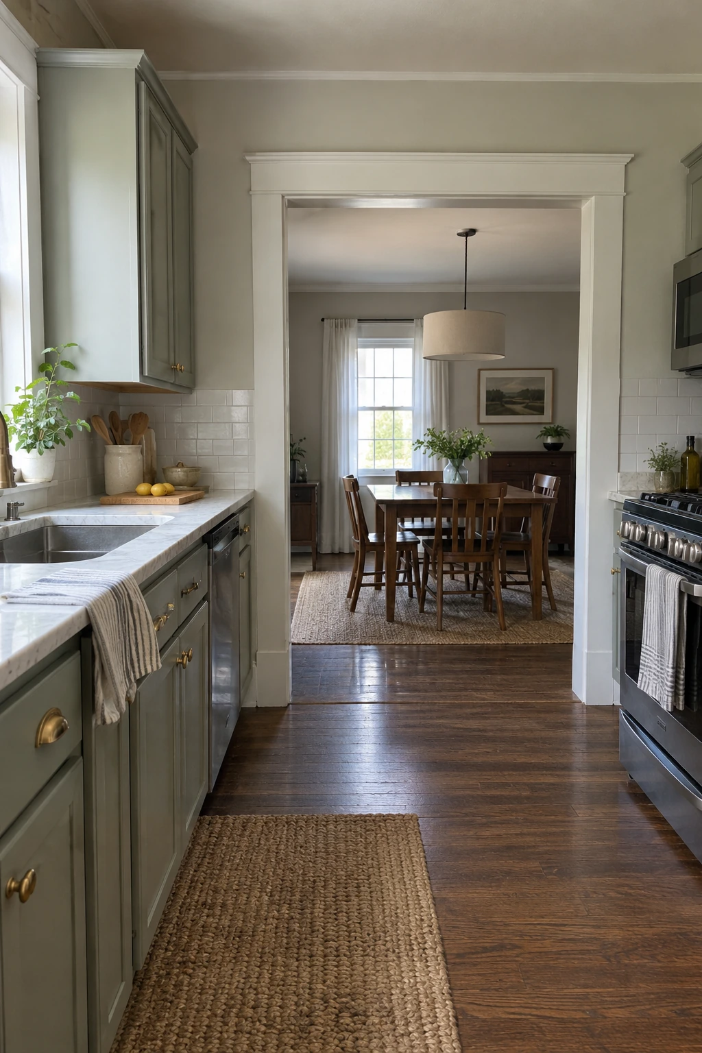 Kitchen connected to dining room through a widened doorway