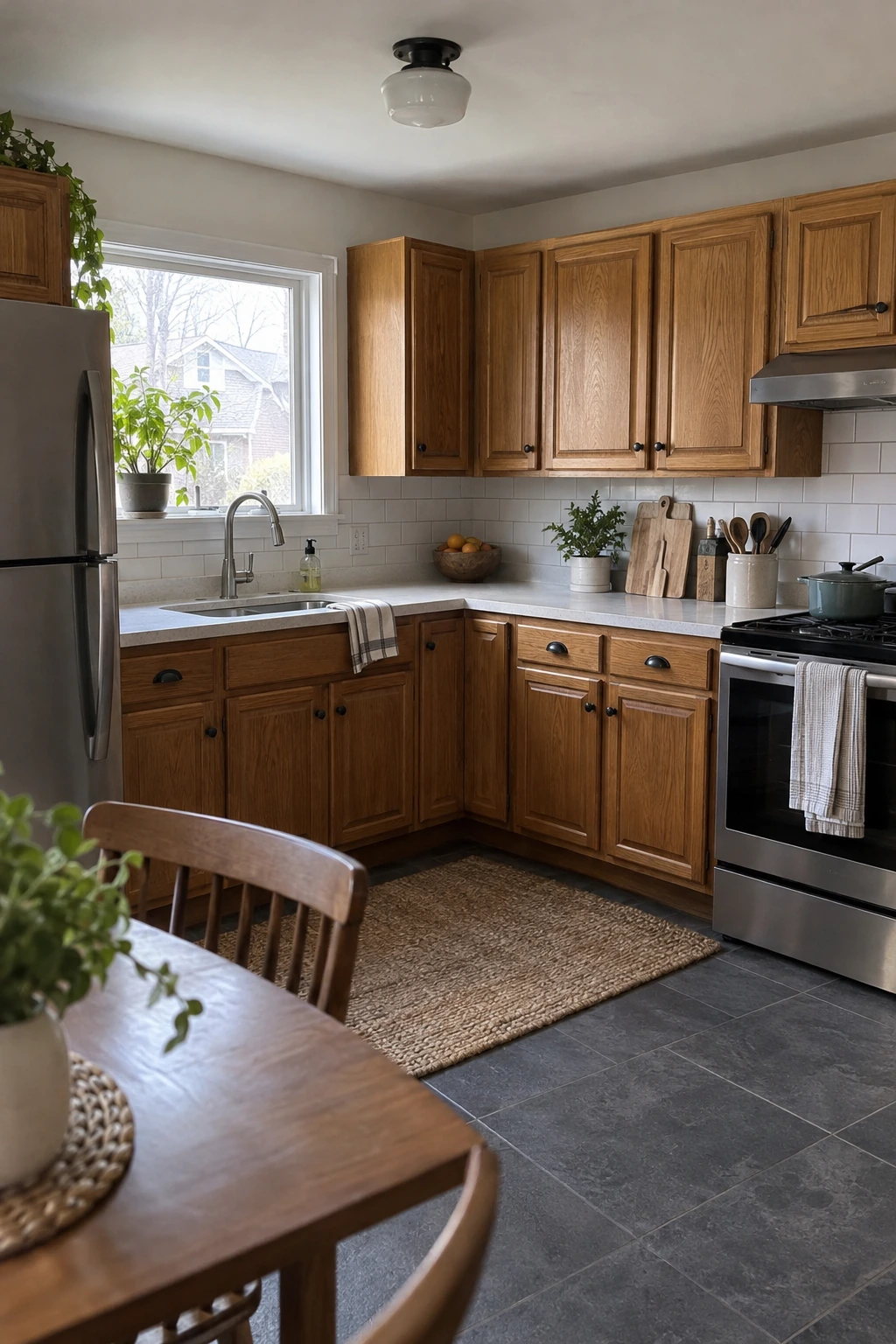 Existing kitchen cabinets restored through careful cleaning and repair