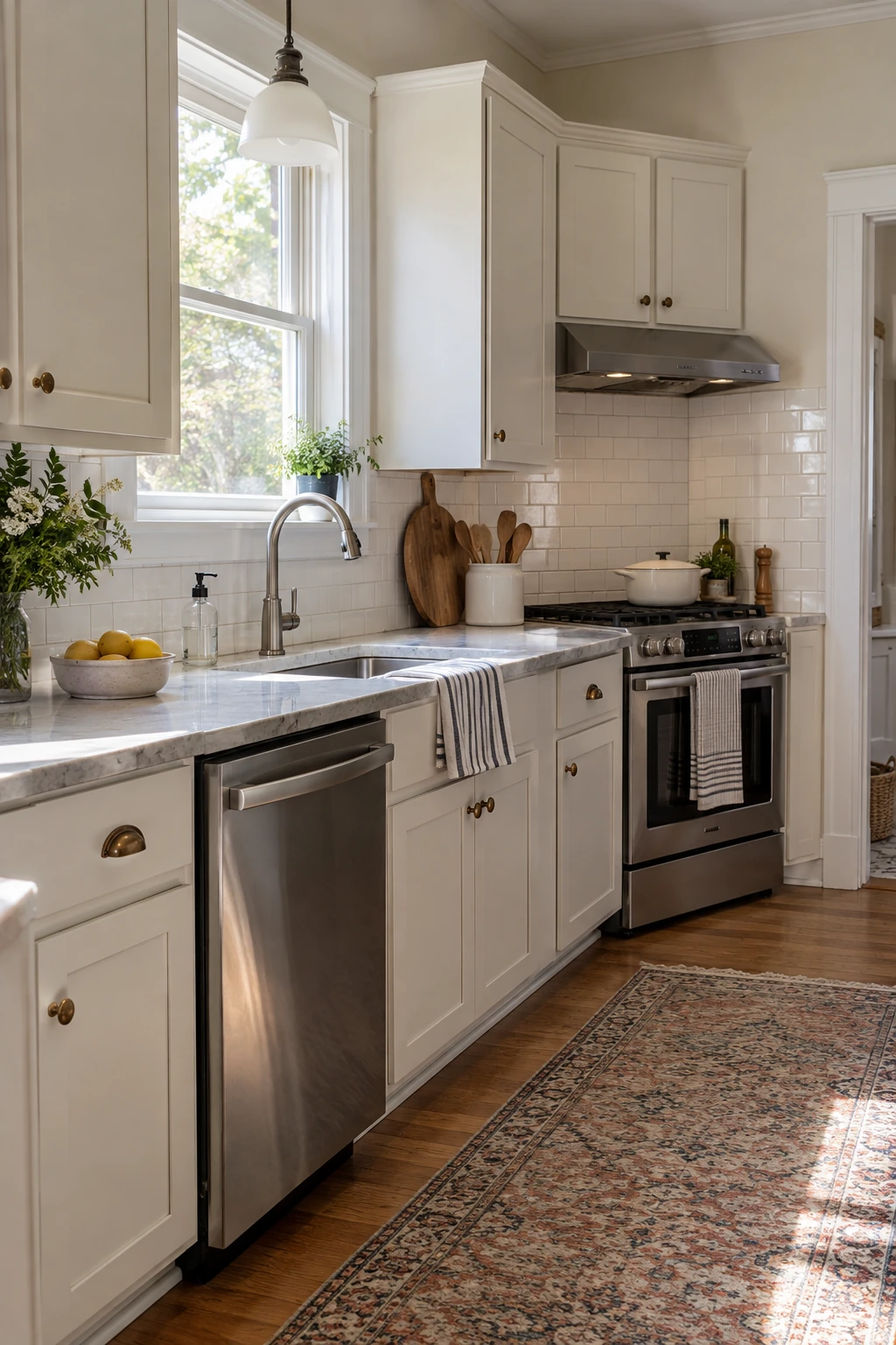 Budget kitchen with professionally painted existing cabinets