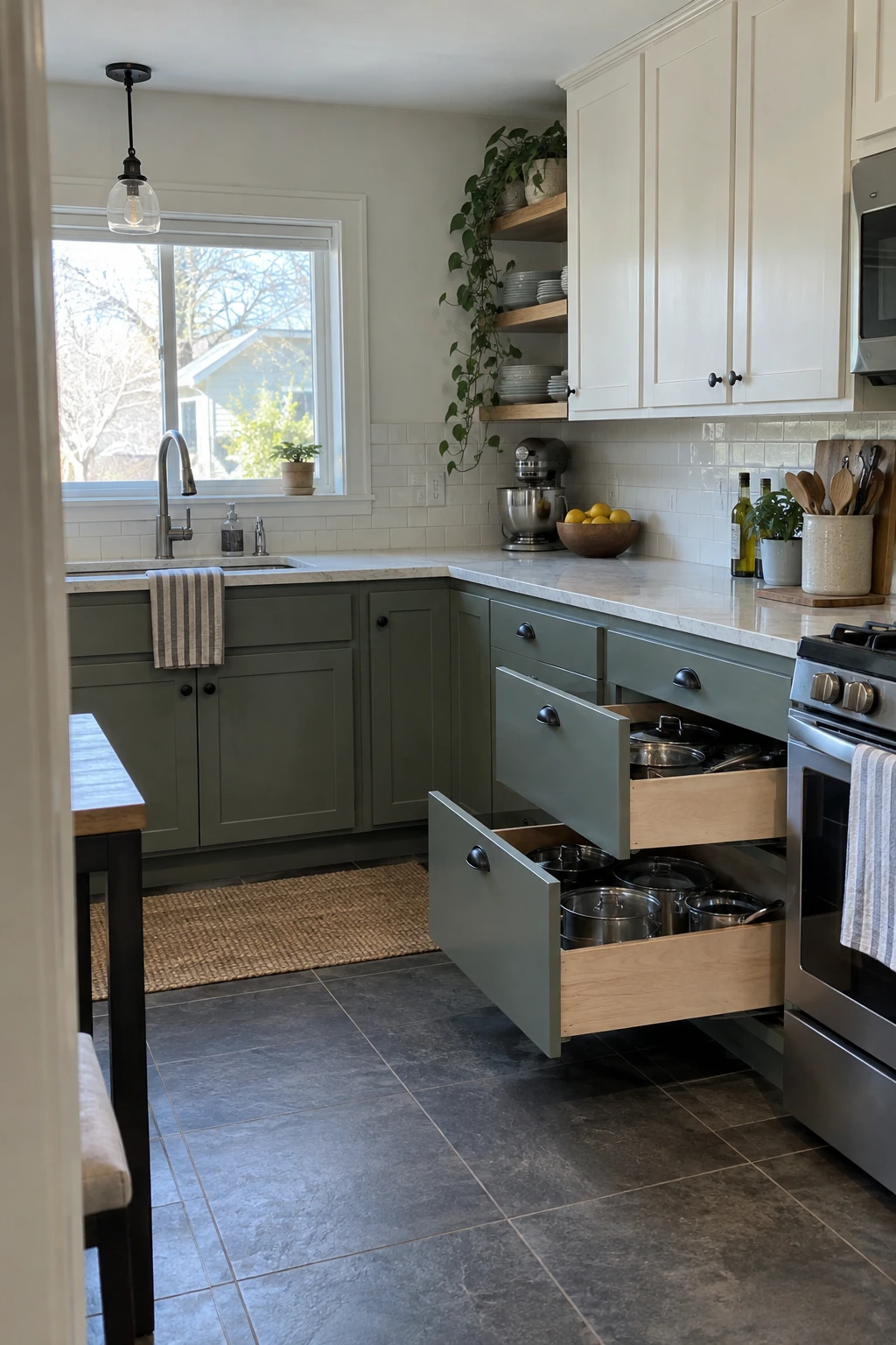 Kitchen base cabinet retrofitted with practical deep drawers