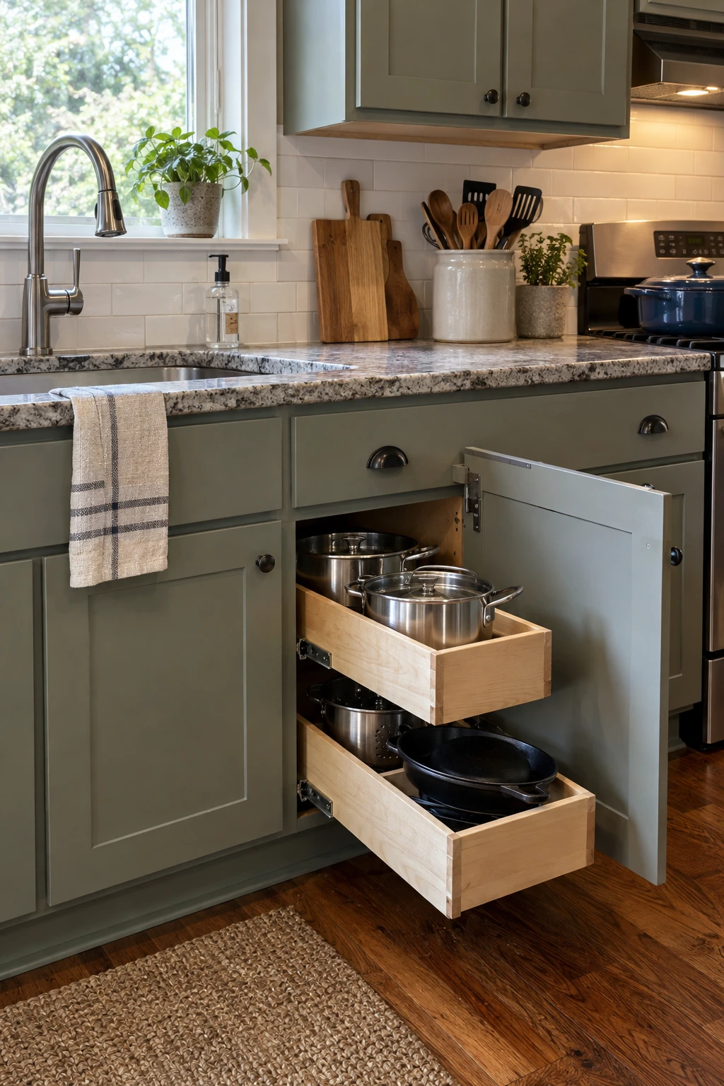 Existing cabinet fitted with simple pull-out trays