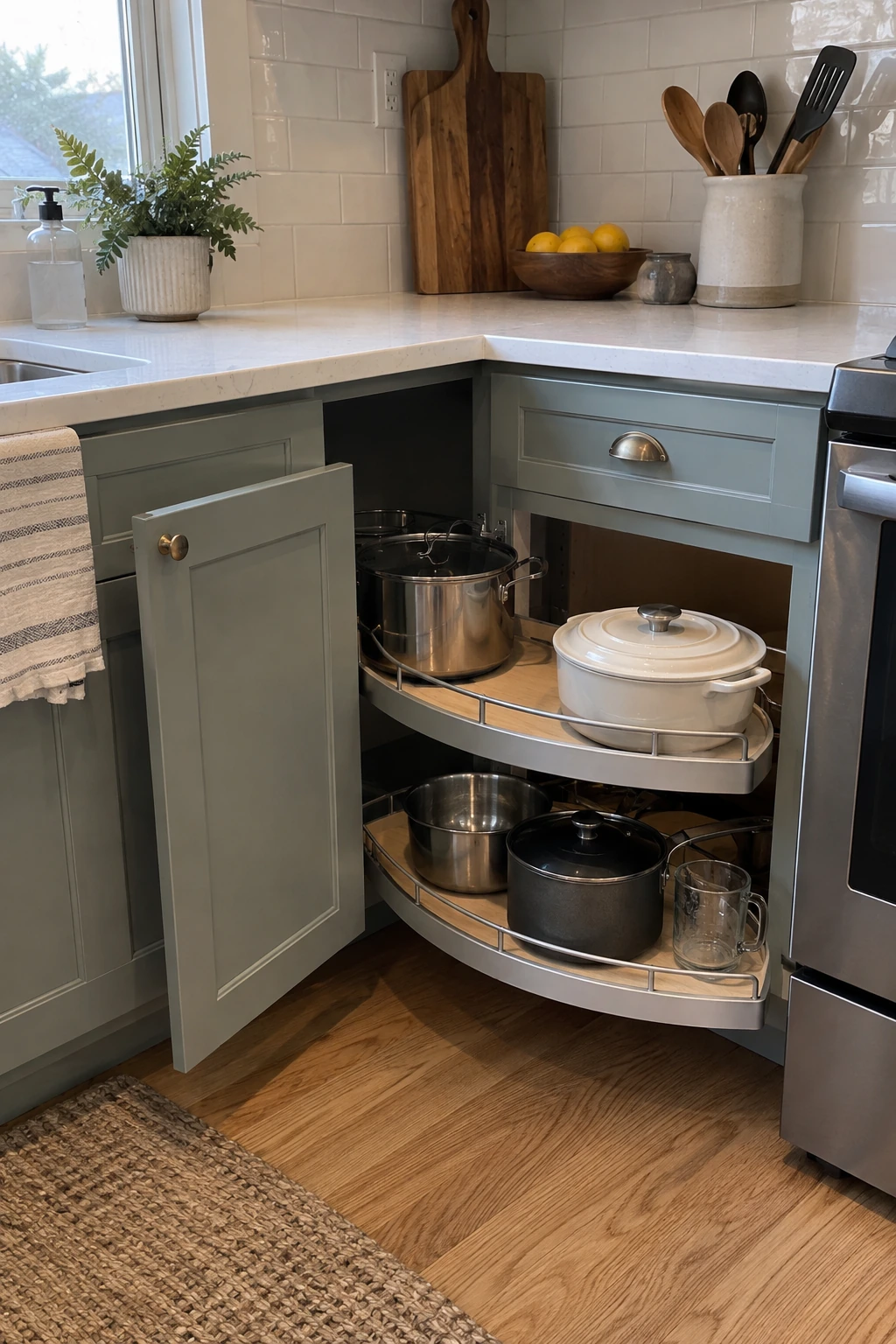 Budget kitchen with accessible blind-corner cabinet storage