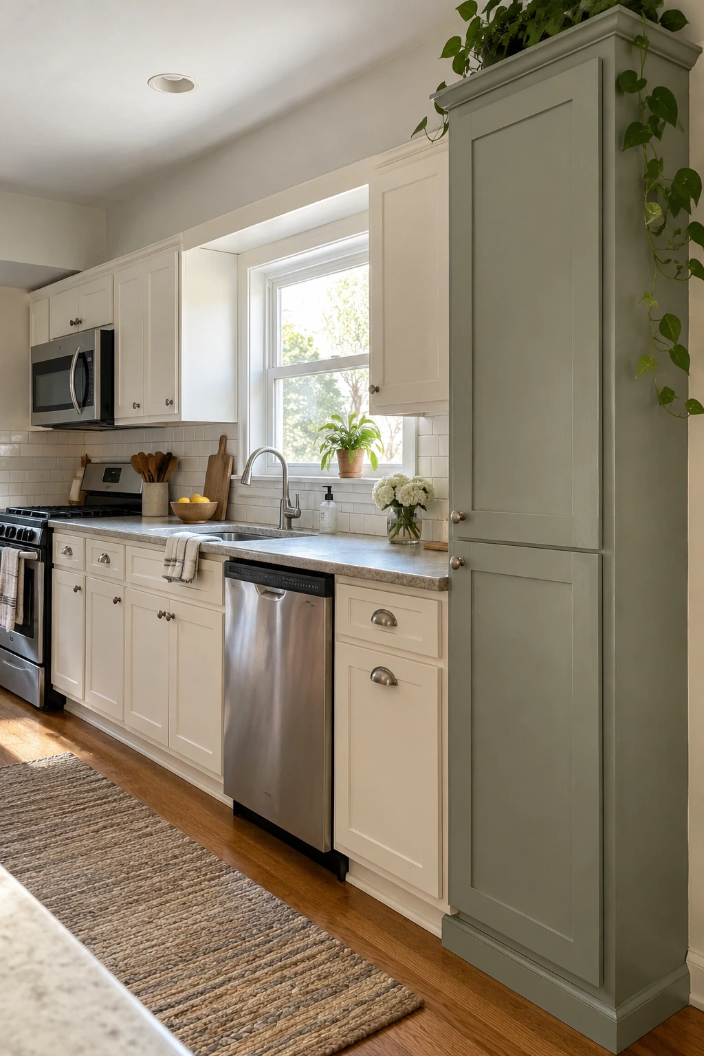 Kitchen with a small stock pantry cabinet added to existing cabinetry