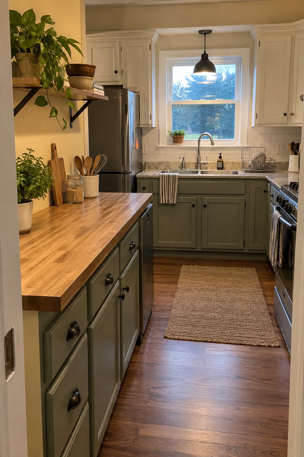 Kitchen with butcher block used on one dry counter section