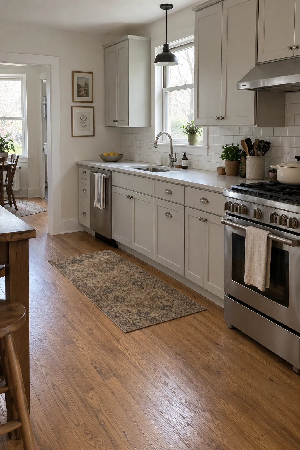 Kitchen remodel with refinished original wood flooring