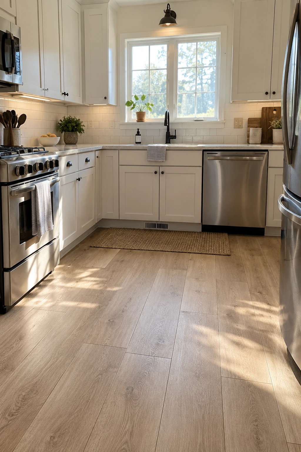 Budget kitchen with carefully installed resilient plank flooring