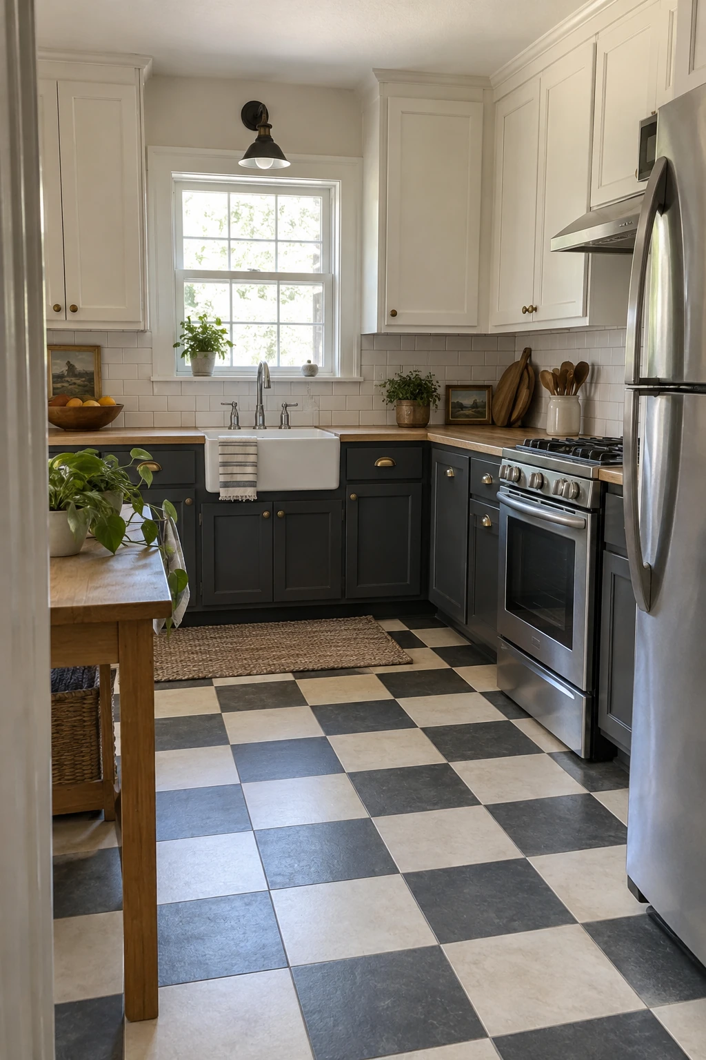 Kitchen floor made with affordable standard checkerboard tiles