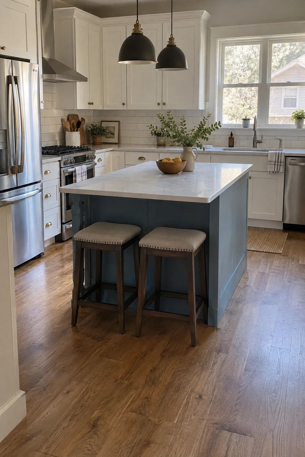 Existing kitchen island refreshed with paint and correctly sized stools