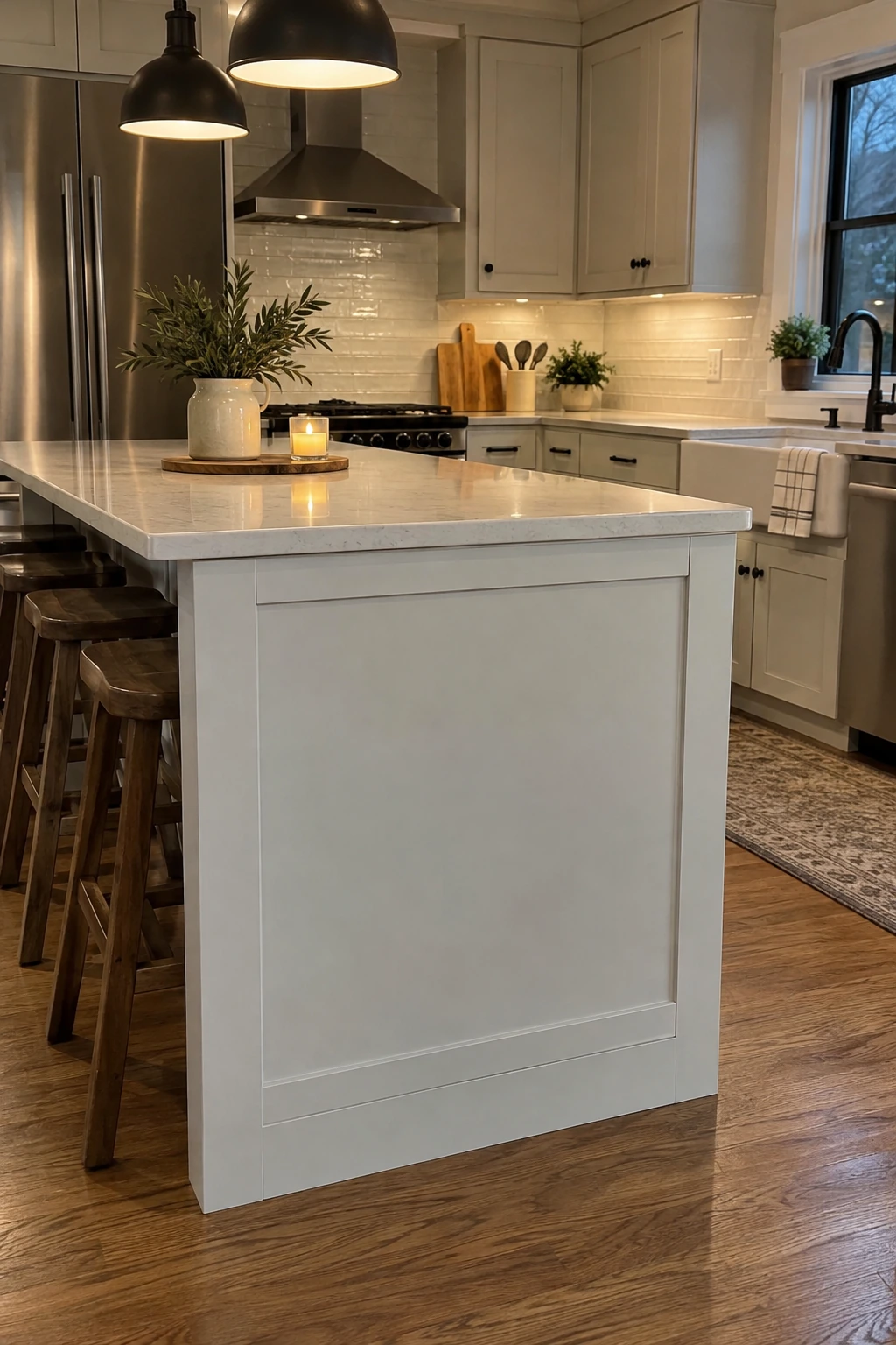 Budget kitchen with simple trim added to one island end