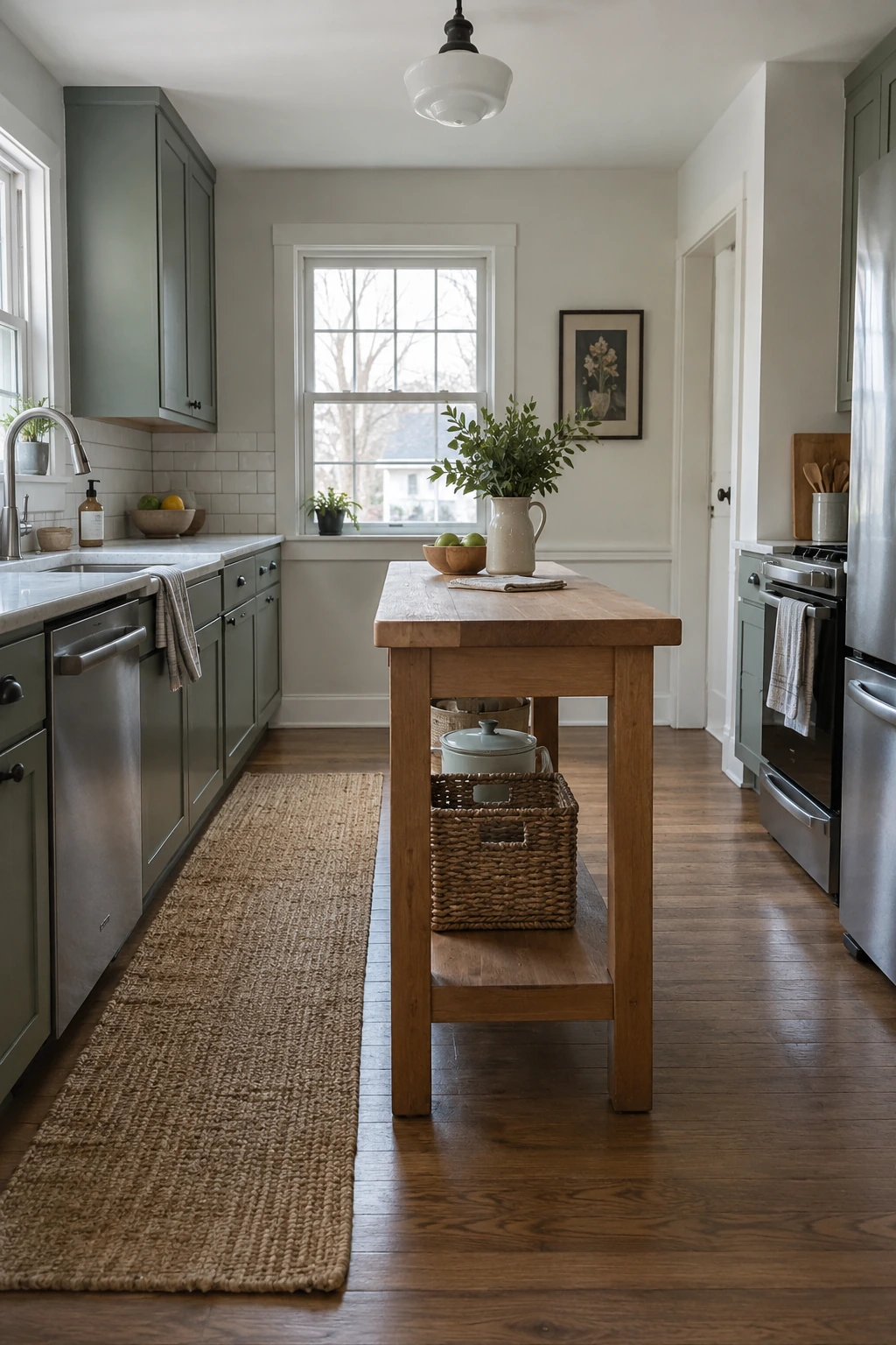 Small kitchen with a freestanding worktable used as an island