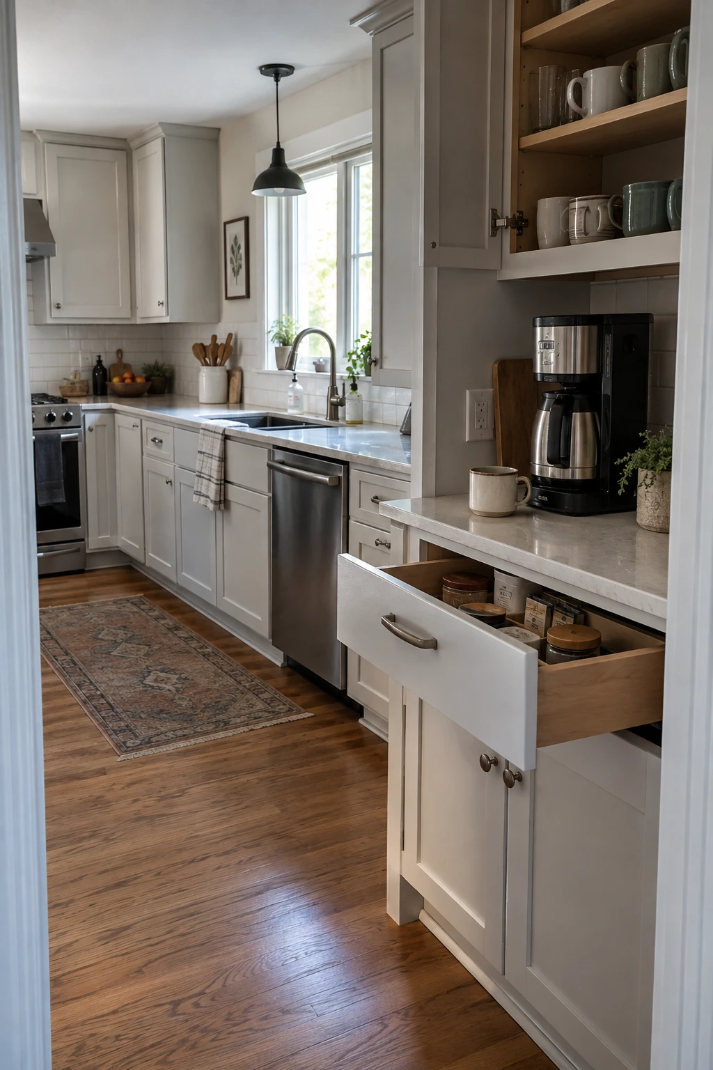 Kitchen counter organized as a compact coffee and baking zone