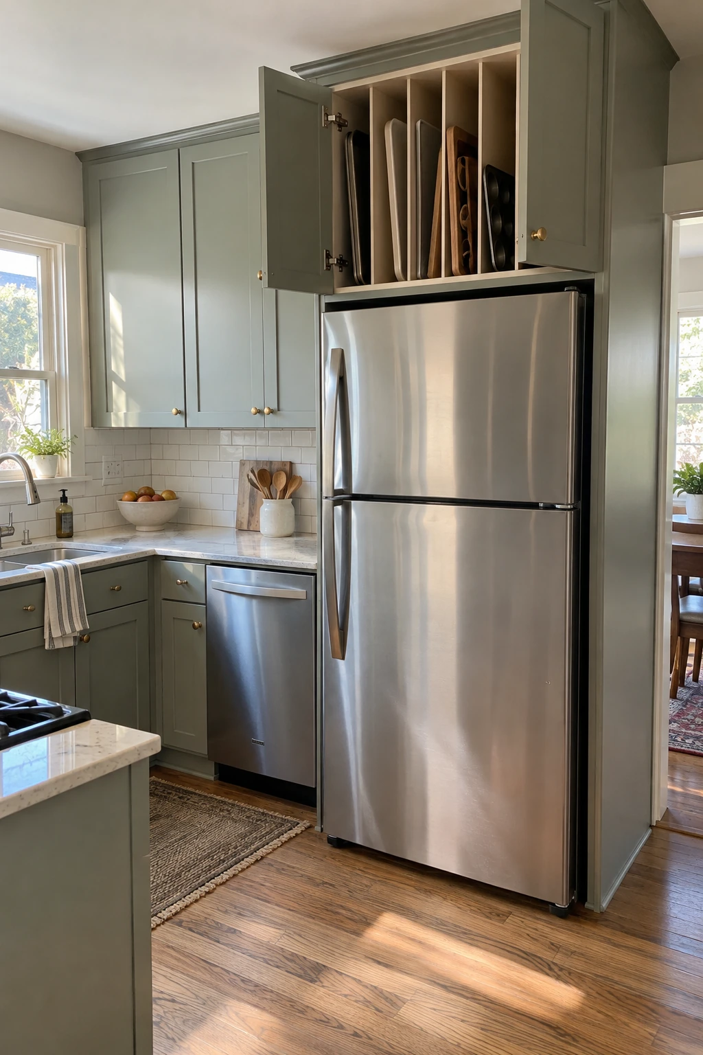 Kitchen with accessible storage above the refrigerator