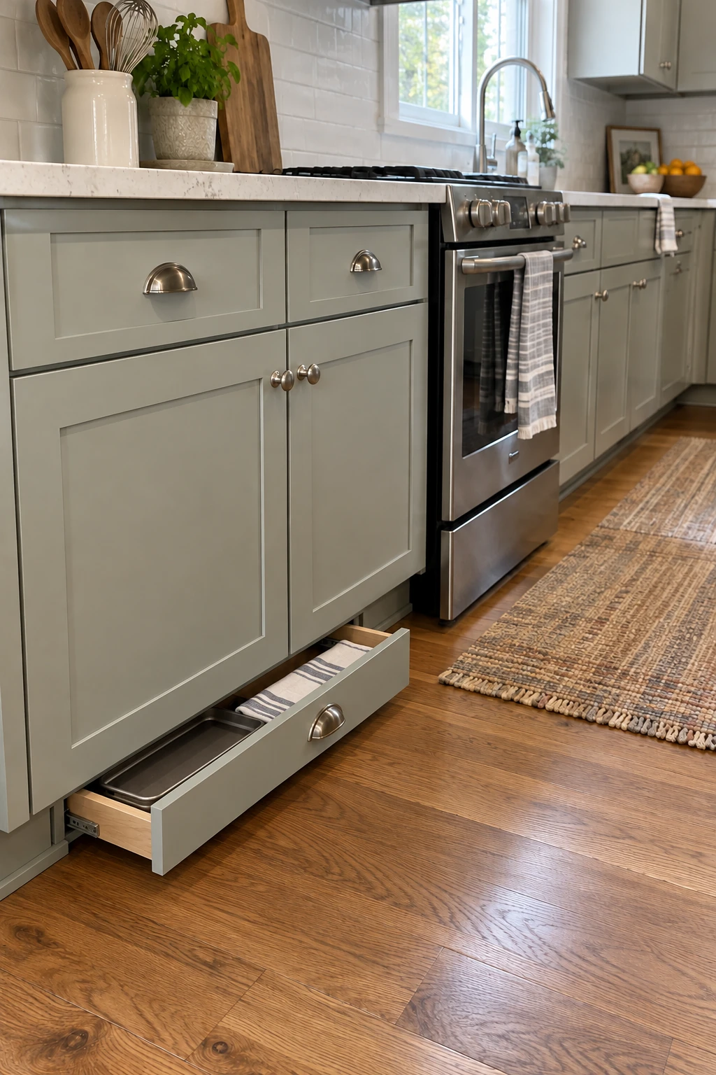 Kitchen toe kick fitted with one shallow storage drawer