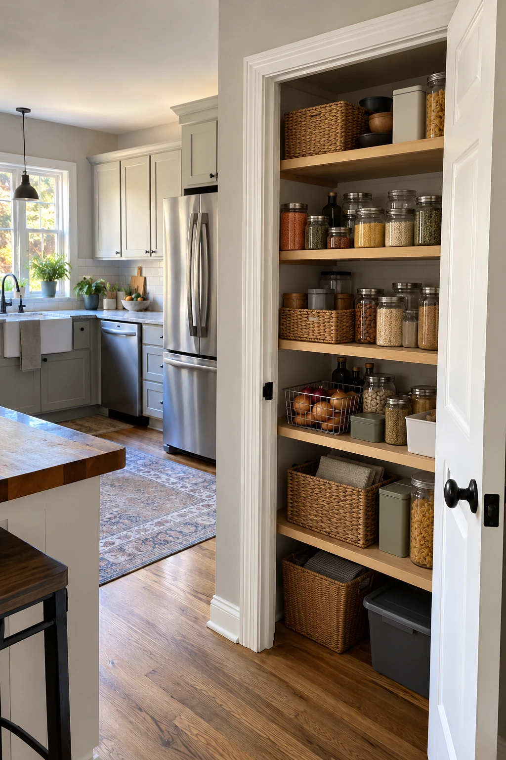 Budget pantry improved with adjustable shelves and clear zones